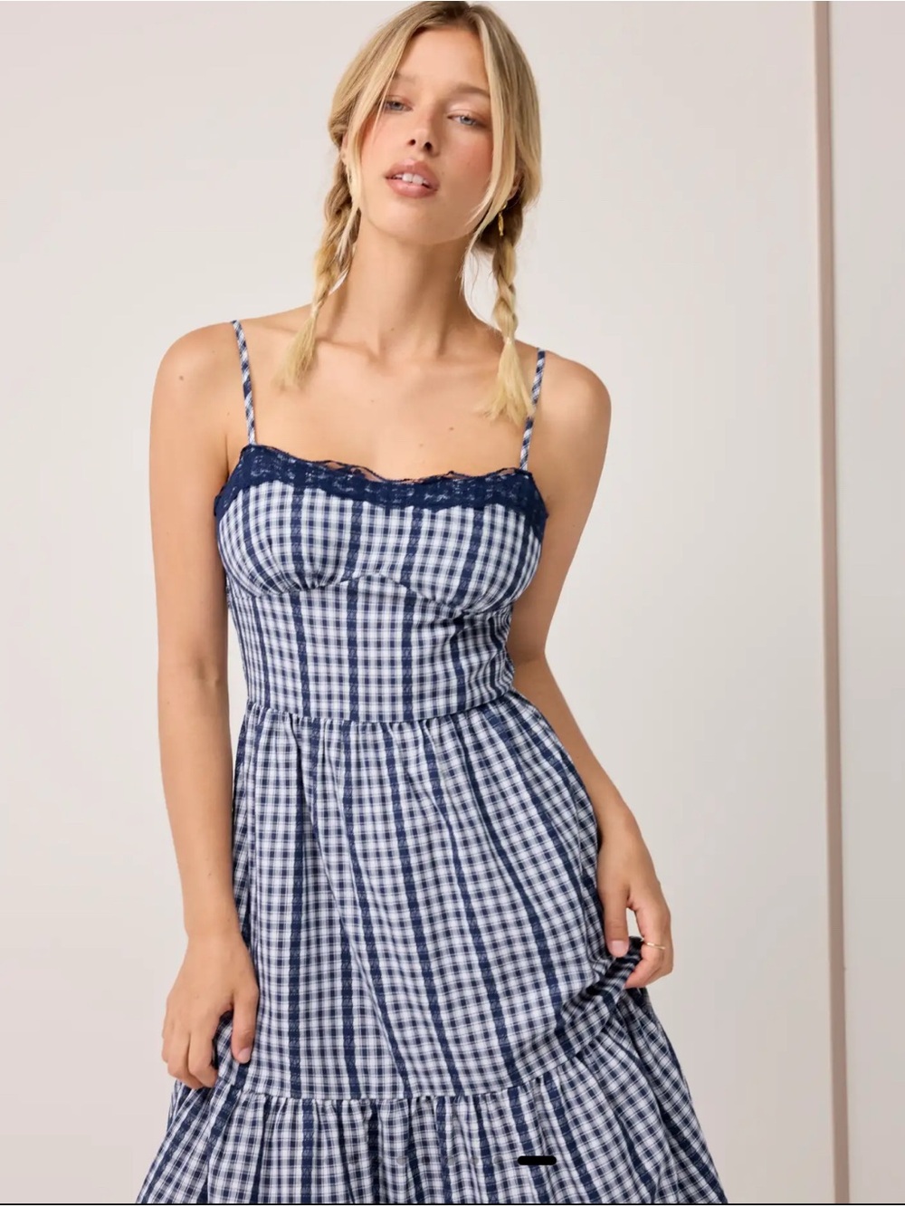 Cider COTTON-BLEND GINGHAM LACE TRIM TIERED SHIRRED MAXI DRESS